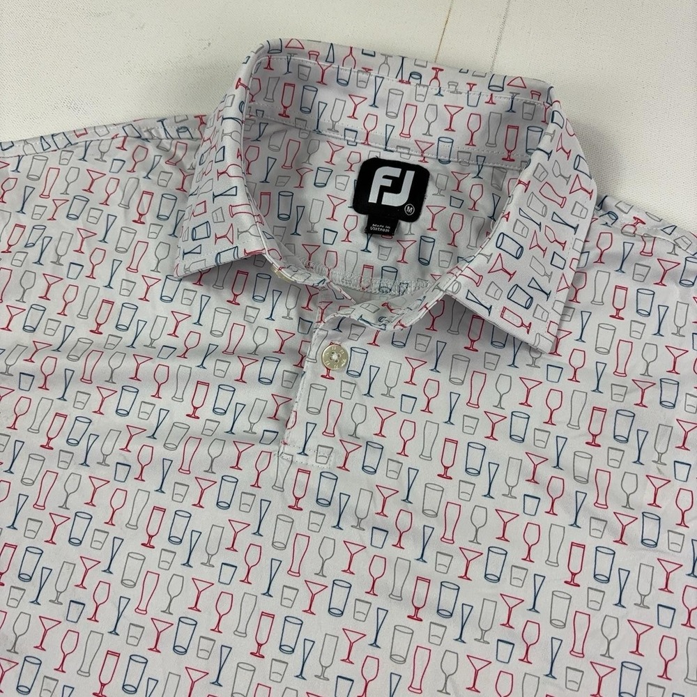 FootJoy Golf Polo Shirt Mens M White Cocktail Drink Glass Print Short Sleeve